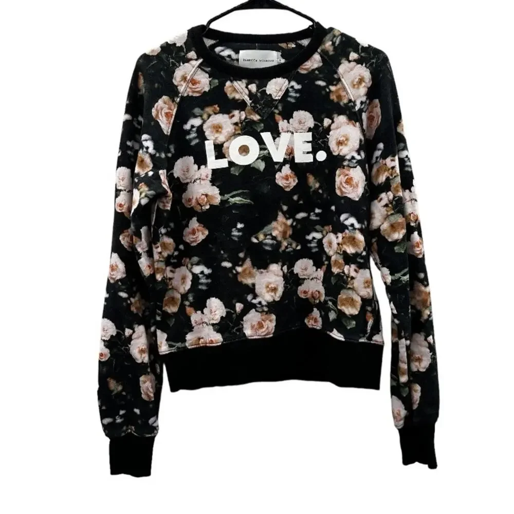 Rebecca Minkoff Jennings Black & Pink Love Floral Print Long Sleeve Sweater Sz S